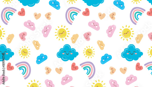 Cute weather elements seamless pattern happy clouds, suns, rainbows, and hearts