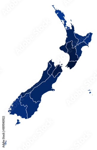 New Zealand Maps with Blue Monochrome Color for District Borders Ocenia Country