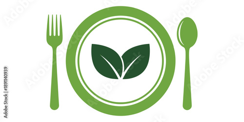 Vector vegan meal icon with green utensils and leaf logo isolated on white background