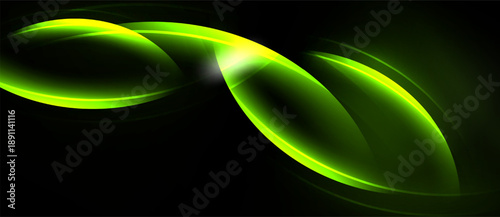 Bright green curves flow against black background. Dynamic shapes suggest movement, energy, modern design. Light reflects, creating visual interest.