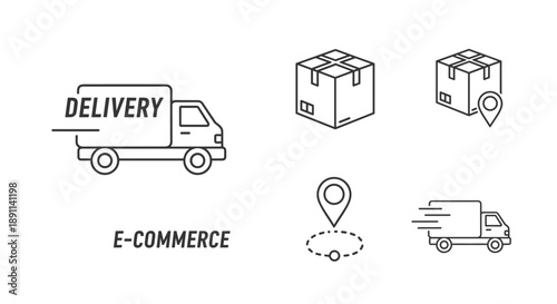 Streamlined e-commerce logistics and fast delivery service icons, illustrating global shipping, online retail, and efficient transportation solutions for modern businesses