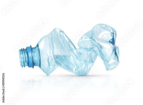 blue plastic bottle, heavily wrinkled, is isolated on a transparent background with shadow and reflection