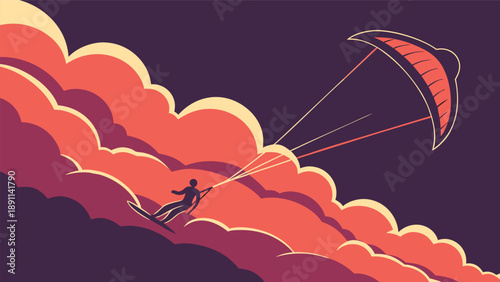 Kitesurfing at Sunset Dramatic Ocean Adventure Vector Illustration