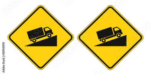 Warning signs for trucks on steep slopes isolated on white background