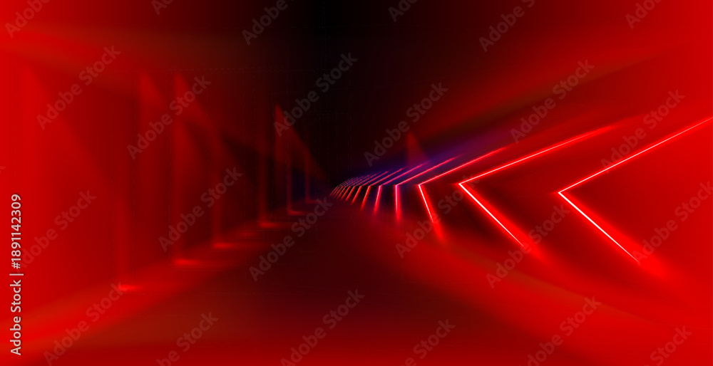 Naklejka premium Abstract red neon arrow light glow background. Futuristic cyber laser line motion banner for casino. Dynamic techno perspective beam 3d graphic design. Cool party power