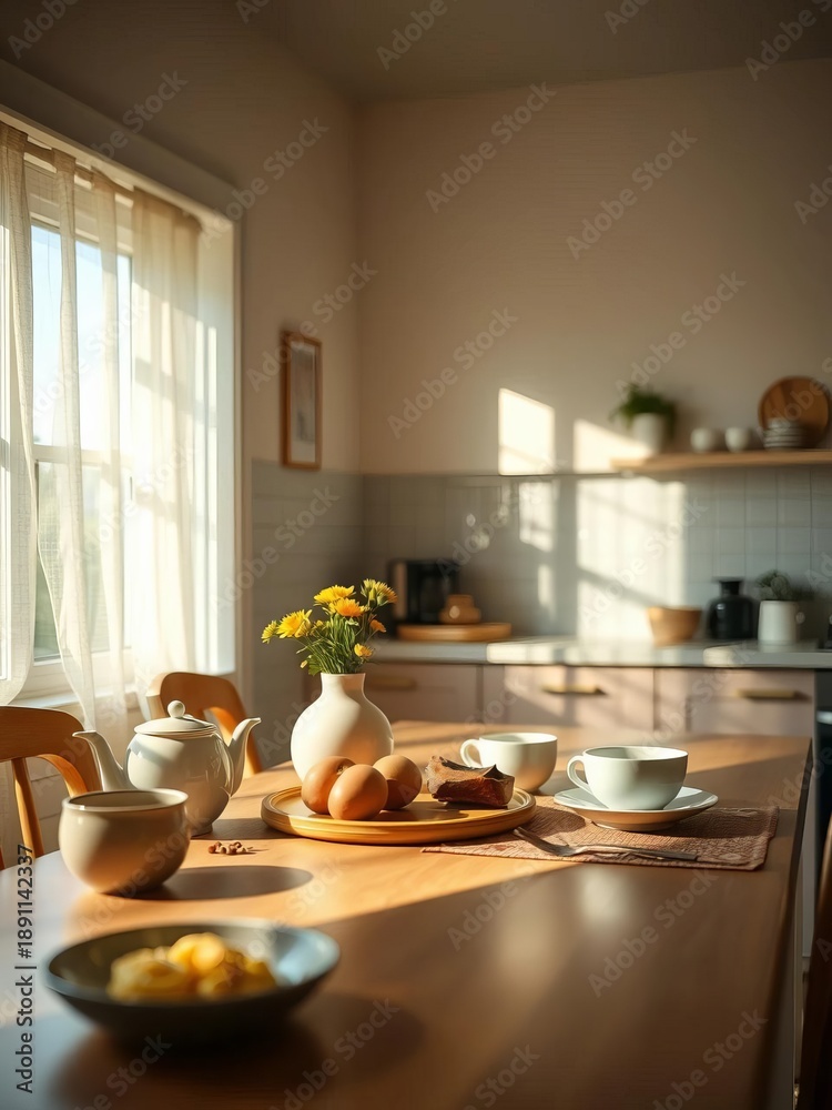 Fototapeta premium A pastel dawn graces the kitchen table, low angle view Morning meal shared in soft light, serene breakfast, bonding