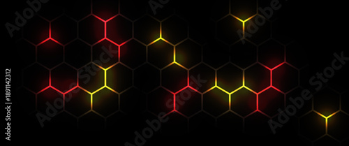 Hexagonal gaming honeycomb abstract background. Hexagon technology futuristic dark vector abstract background with blue and pink colored bright flashesunder hexagon.