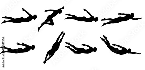 Silhouettes of swimmers in various dynamic poses, showcasing different swimming strokes and water sports actions for athletic and recreational themes.