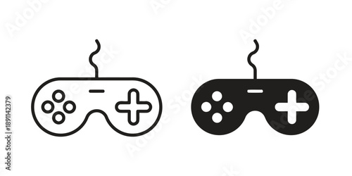 Simple game controller icon, line art and filled silhouette versions for digital and print use, represents video games, entertainment, and technology, perfect for apps and websites
