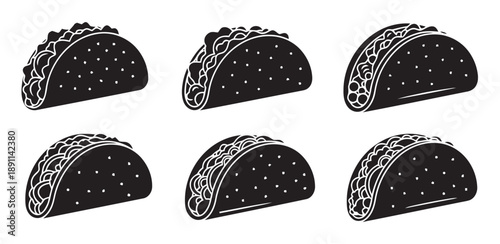 Six Mexican tacos in black silhouette, displaying different fillings and shell textures, representing fast food and cuisine.