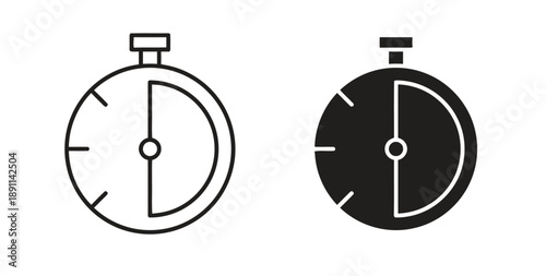 Stopwatch icon, timekeeping device, outline and filled styles, representing measurement, speed, and elapsed time for sports and performance.