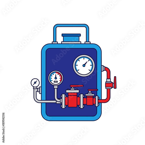 A high-quality flat vector illustration of a water heater, featuring gauges and plumbing components, perfect for industrial or home improvement contexts