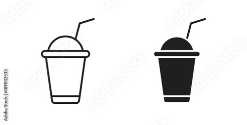 Summer drink smoothie icon with straw in outline and solid styles representing refreshment milkshake and cold beverage and this illustration is perfect for cafe menus and juice bar branding design