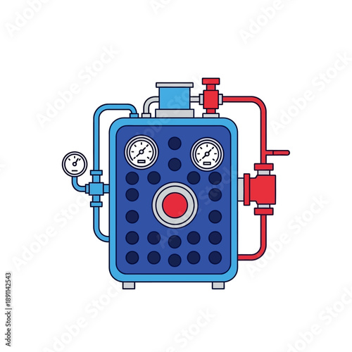 Flat vector illustration of a blue industrial boiler with gauges, pipes, and red valves on a white background, graphic representation