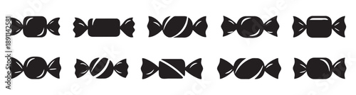Ten different styles of wrapped candies in black silhouette, featuring various twist-tie ends and body shapes, sweet food icons.