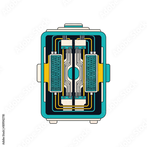 Flat vector illustration of an abstract electronic connector, featuring intricate circuit board pathways and wiring in a stylized, modern digital interface design