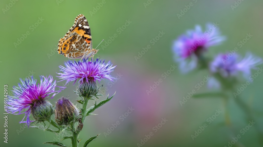 Obraz premium Amber butterfly perched on blue thistles with purple flowers pink petals in green garden, detailed macro view with natural light, sharp focus, high-resolution nature scene for floral wildlife design