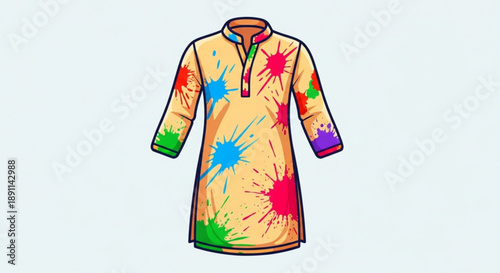 Vibrant colorful paint splattered traditional indian kurta with long sleeves and collar on light background