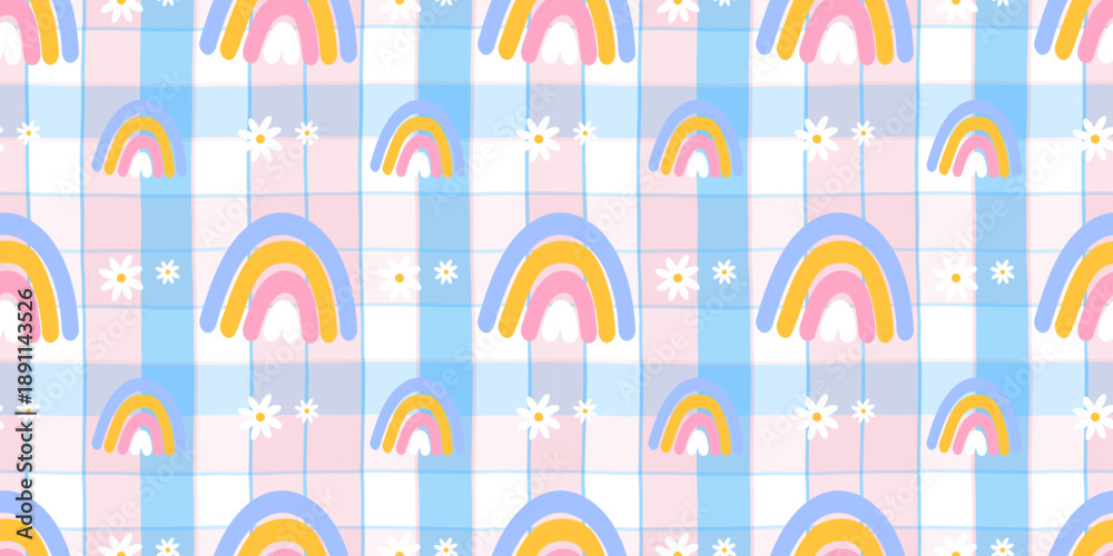 Fototapeta premium Seamless rainbow pattern with heart on pastel blue and pink gingham for kids fabric, nursery decor, wrapping paper, wallpaper and gift packaging