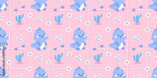 Seamless cute dinosaur pattern with kawaii dinos, cactus, and flowers. Designed for baby clothes, kids wallpaper, and sweet birthday or wrapping prints