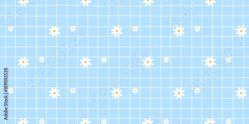 Seamless daisy pattern on light blue gingham background for summer fabric, kids bedding, nursery decor, wrapping paper, wallpaper and gift packaging
