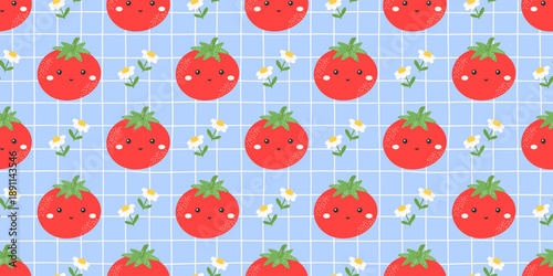 Seamless cute tomato pattern with smiling red fruits on a soft blue gingham background. Designed for kids textiles, kitchen decor, and playful food packaging