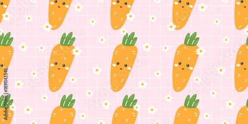 Gingham kawaii Easter seamless background featuring carrots, cute plaid texture. Ideal for childrens textiles, picnic prints, and spring packaging