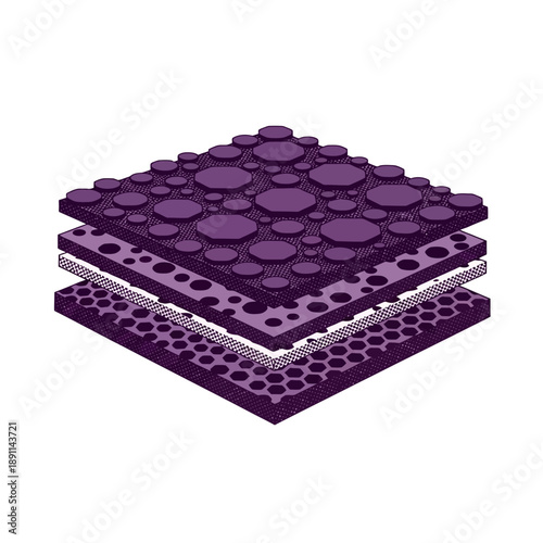 Vector illustration of layered material structure with hexagonal and circular perforations, ideal for material science and nanotechnology concepts