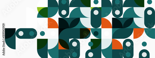 Abstract geometric pattern. Teal, orange, gray shapes overlap creating modern design. Minimalist aesthetic, clean lines, balanced composition.