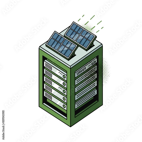 Vector illustration Green data center server with solar panels. Sustainable technology, renewable energy, and eco-friendly digital infrastructure concept