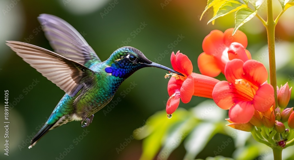 Obraz premium Vibrant iridescent hummingbird with bright green and blue plumage hovering to feed from striking orange trumpet flowers outdoors.