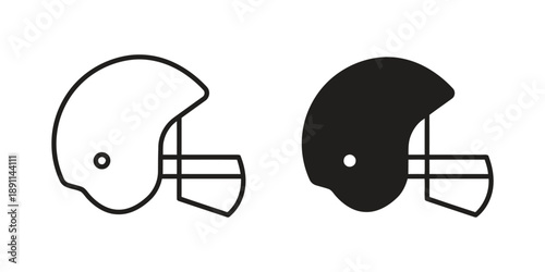 Two American football helmets side view one outlined in black and white and one solid black representing sport equipment and protective gear for athletes in games