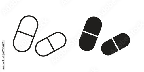 Two capsule pills icon set outline and solid black fill simple medical or pharmaceutical representation vector illustration