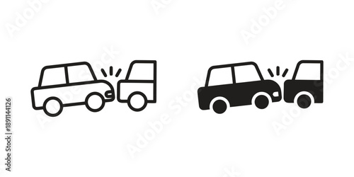 Two cars colliding front to front in an accident, one in outline and other in filled black. Symbolizes crash, impact, insurance claim, road danger, traffic incident, danger, warning, emergency, alert.