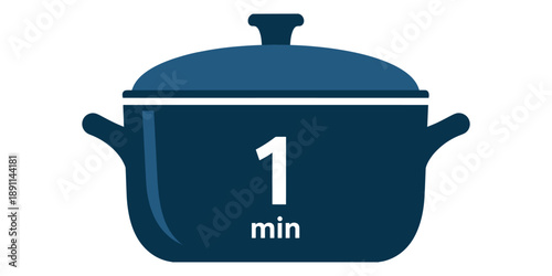 Dark blue cooking pot with lid and number one minute on isolated white background