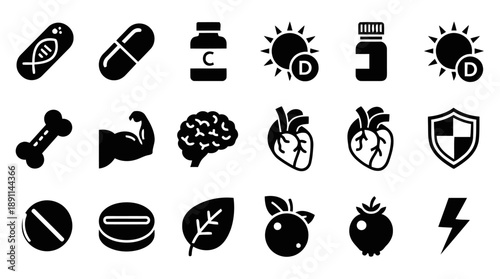 Vitamins and health supplements icons showing pills capsules bottles sun symbols for vitamin D and C bones muscles heart brain shield and lightning bolt