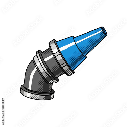 Industrial angled pipe fitting with a vibrant blue spray nozzle, presented as a detailed Vector illustration for various technical and mechanical design applications