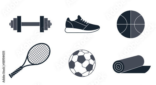 Sports and fitness equipment icons dumbbell sneaker basketball and more