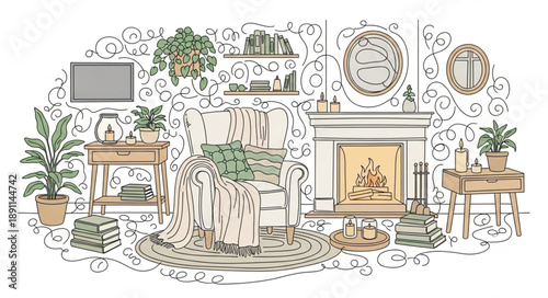 Cozy Living Room Scene with Fireplace and Plants.