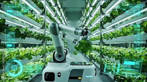 Vertical Farming Harvester Robot Operating in Futuristic Indoor Agriculture Facility