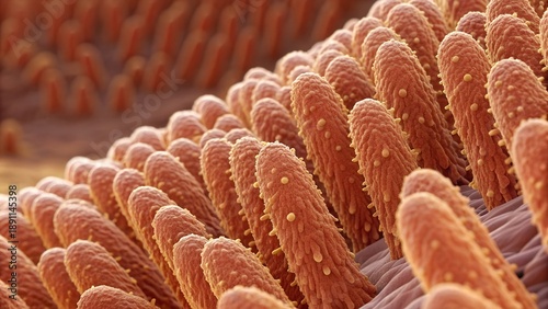 High-magnification micrograph of intestinal villi, revealing millions of microscopic finger-like projections and the dense brush border (microvilli) on the surface of absorptive cells, capturing organ
