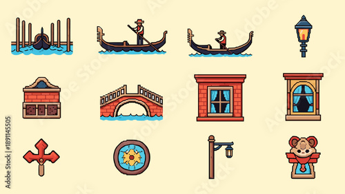 Pixel Art Charming venice icons: gondolas, bridges, windows, and more in retro style