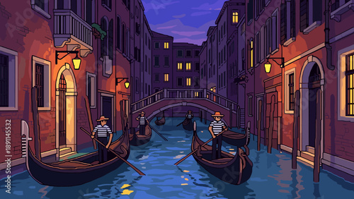 Pixel art gondola ride through venice canal at sunset with lit streetlights