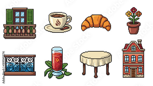 Pixel art collection: coffee, architecture, and nature