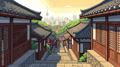 Pixel Art Traditional east asian village street with city skyline at sunset