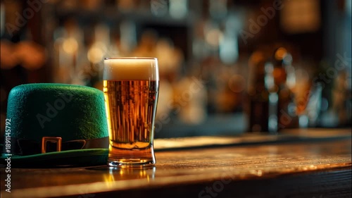 Beer glass beside a green leprechaun hat on wooden bar counter background for St. Patrick's Day 