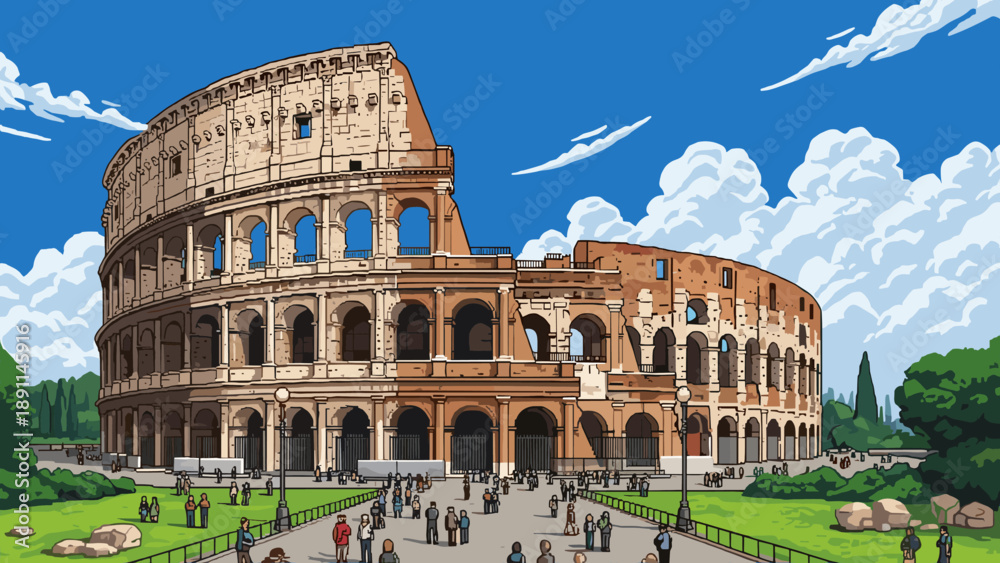 Fototapeta premium Pixel Art Historic roman colosseum in pixel art style with blue sky and clouds