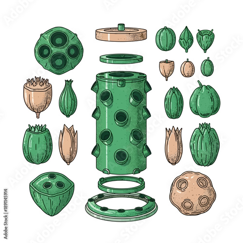Vector illustration Exploded hydroponic vertical tower, modular design with plant pods for sustainable urban farming and efficient cultivation