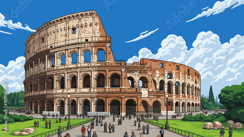 Pixel Art Historic roman colosseum in pixel art style with blue sky and clouds