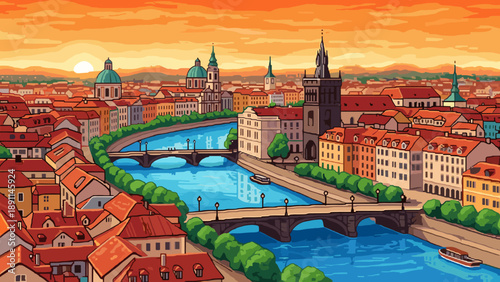 Pixel Art Charming cityscape in pixel art style with river and bridges at sunset
